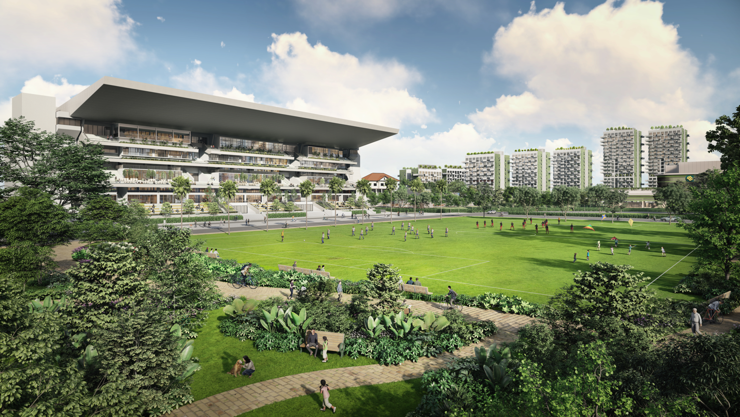 Rendering of a park with a large building on the left and apartment buildings in the background, under a cloudy sky. People are enjoying the park.